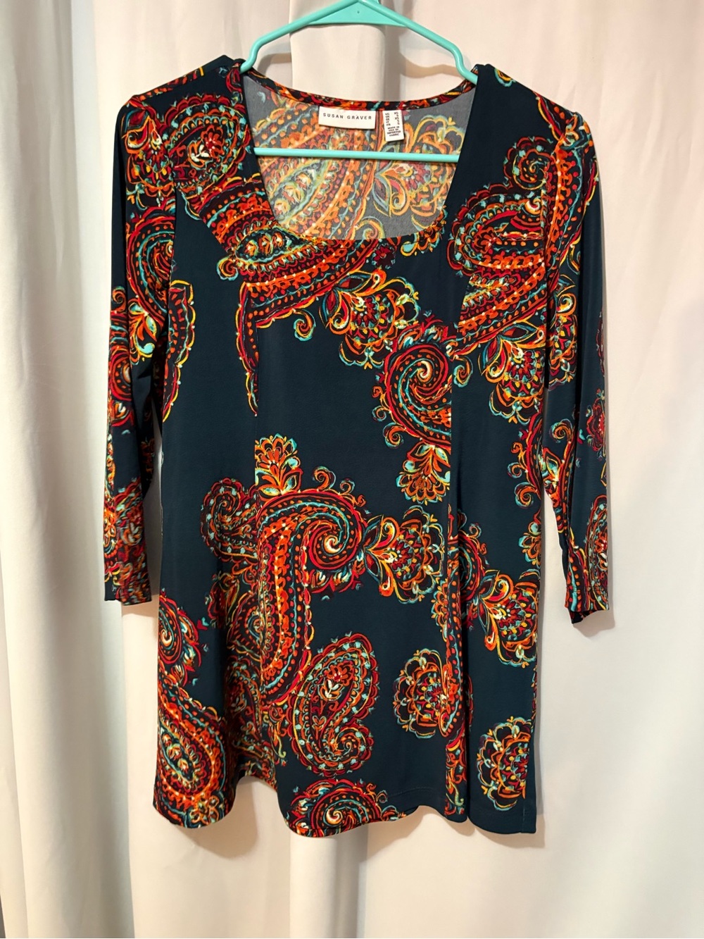 Susan Graver Teal Paisley Stretch Tunic with Multi-Color Accents